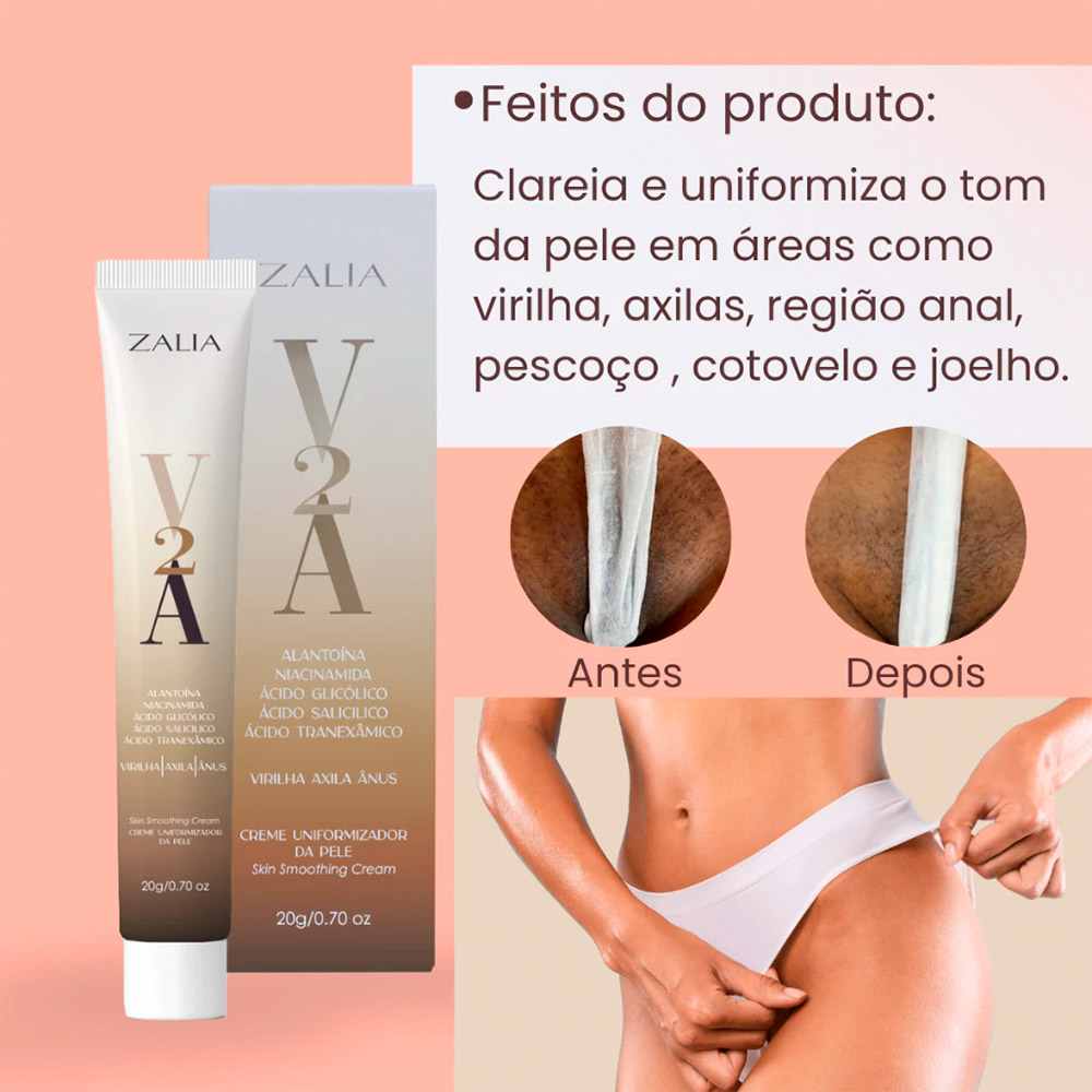 Bisnaga do Hidratante Clareador V2A 20g Zalia Cosm�tico em close-up, destacando o r�tulo e a embalagem.