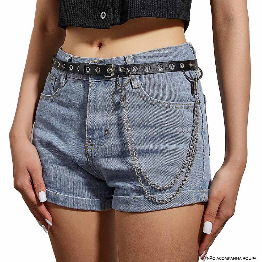 Cinto sensual em PU preto dobrado em c�rculo, destacando a textura do material e os an�is das correntes