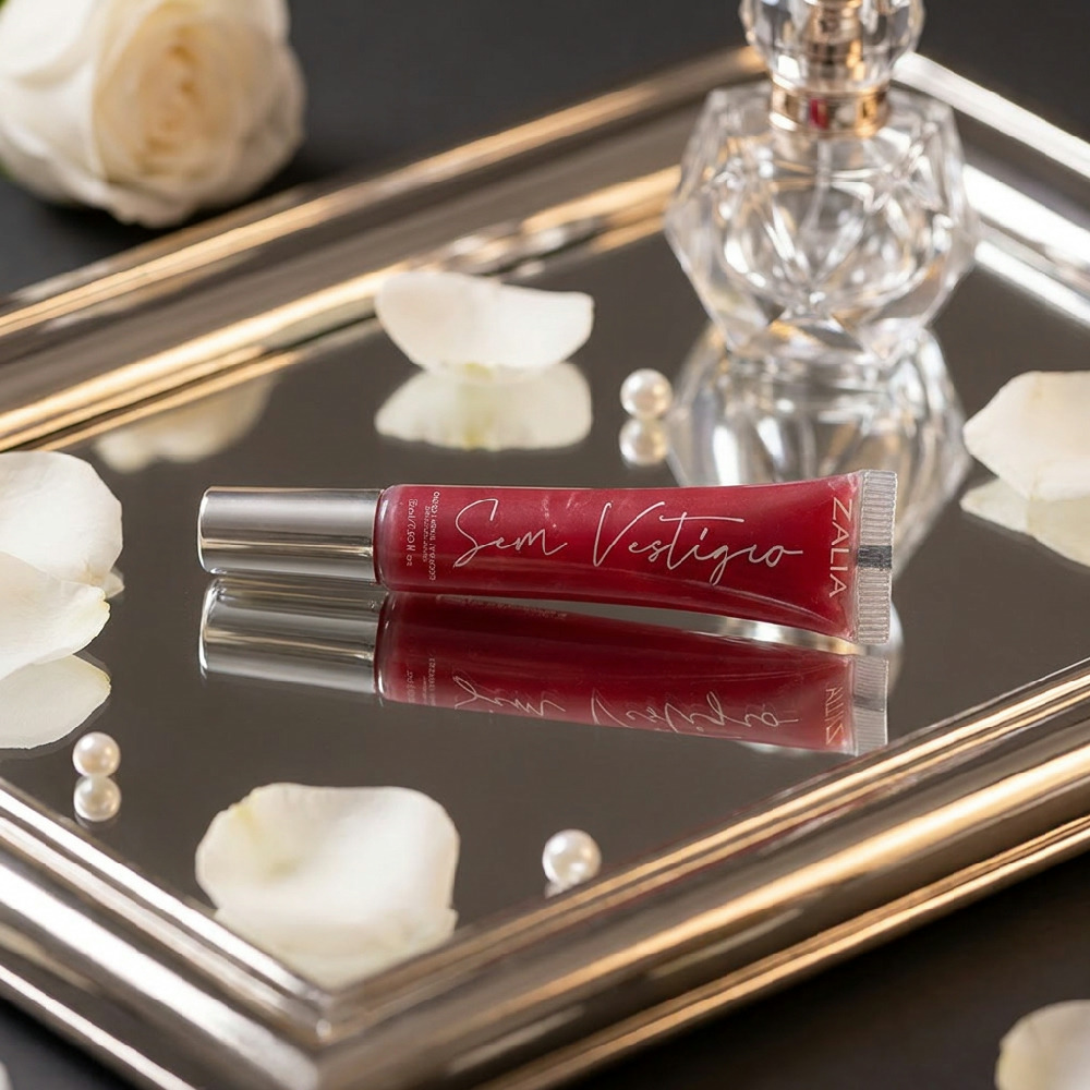 Gloss Labial Hidratante Zalia Sem Vest�gio Vermelho sobre uma bandeja espelhada com p�talas de rosa e p�rolas, refletindo sua beleza e sofistica��o.