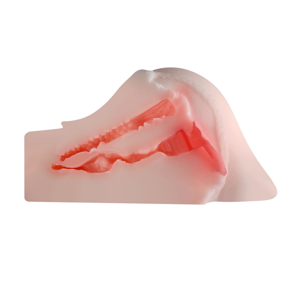 Vista lateral do Masturbador Vagina e �nus em Cyberskin, detalhando as texturas internas do canal vaginal