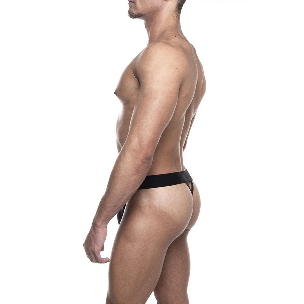Cueca Sensual Jock Fio Dental em Suplex Preta | Vista lateral em modelo