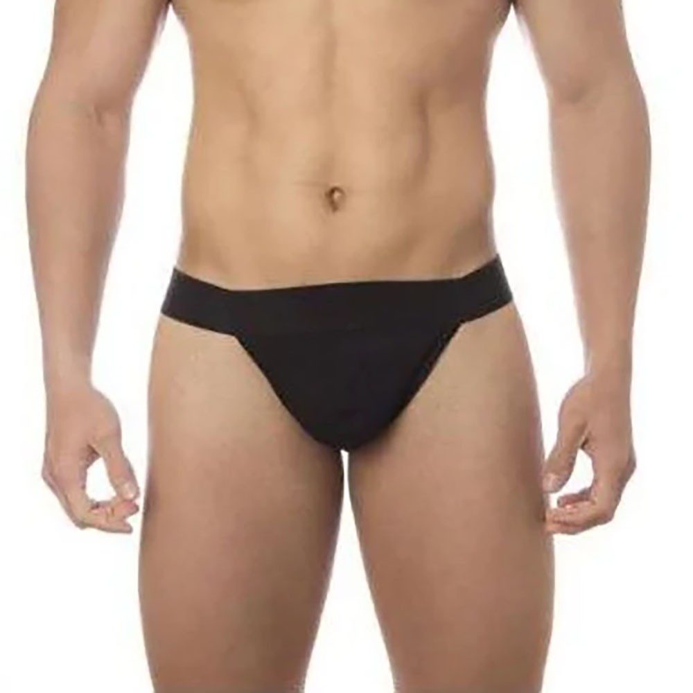 Cueca Sensual Jock Fio Dental em Suplex Preta | Vista frontal em modelo