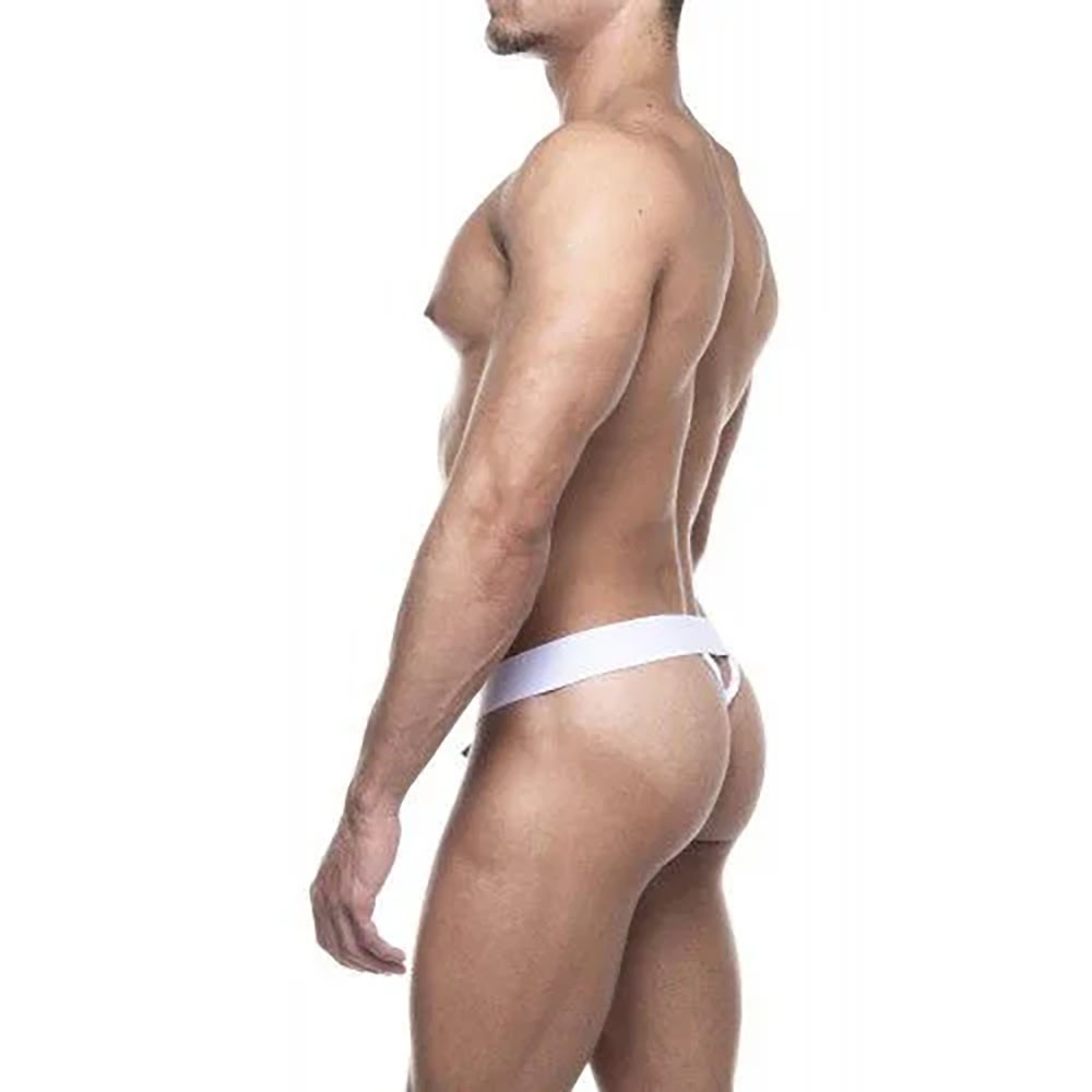 Cueca Sensual Jock Fio Dental em Suplex Branca, vista lateral em modelo, mostrando o ajuste e o caimento do tecido.