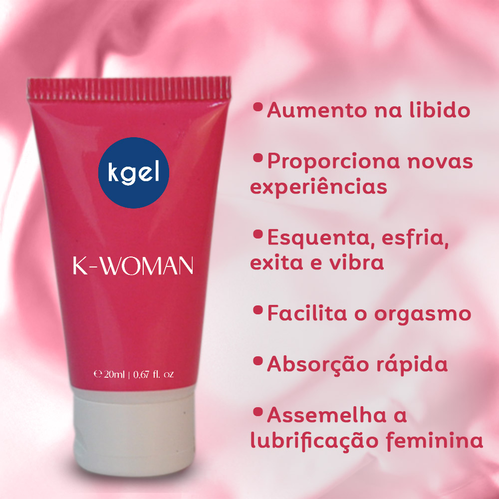 Gel Excitante Feminino K-Woman: Aumento da libido, novas experi�ncias, esquenta, esfria, exita e vibra, facilita o orgasmo, absor��o r�pida, assemelha a lubrifica��o feminina