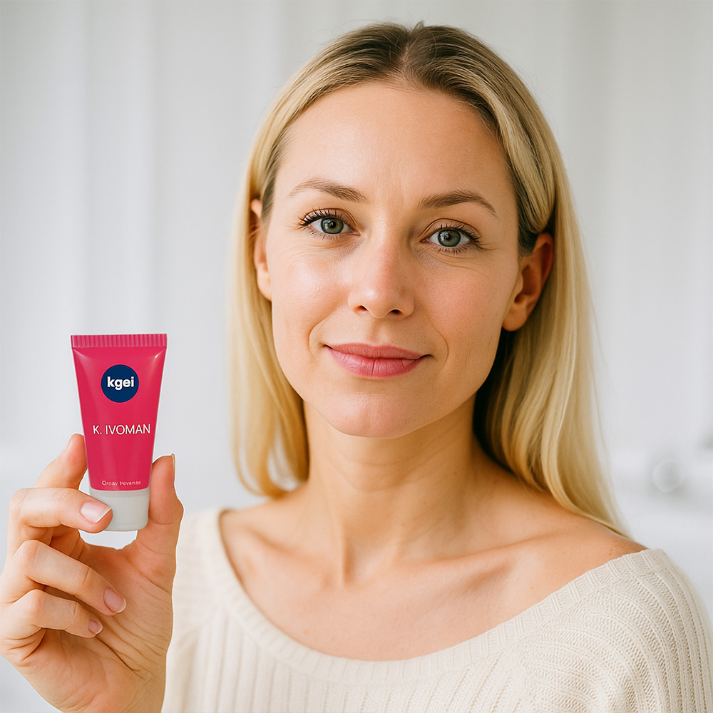 Mulher sorrindo segurando o Gel Excitante Feminino K-Woman 20ml da Kgel Cosm�tico