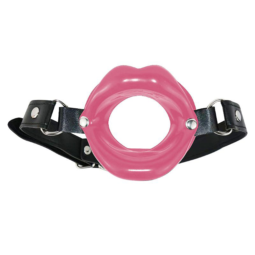 Morda�a BDSM Pink de boca aberta, vista frontal detalhando o anel central e as fivelas laterais em PU