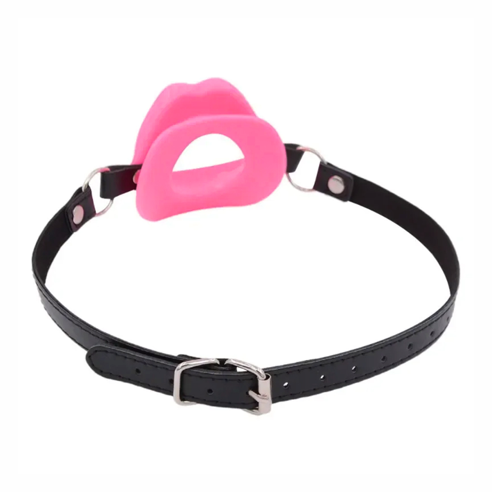 Morda�a BDSM Pink de boca aberta em vista lateral, mostrando a tira de PU e a fivela met�lica de ajuste