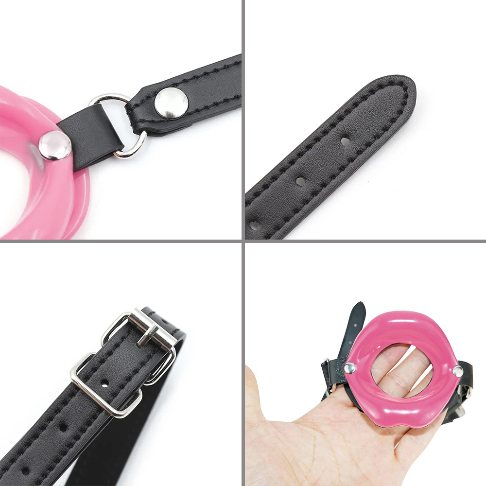 Conjunto de fotos em close-up, incluindo: anel de metal da morda�a conectado � tira de PU, detalhe da tira com furos para ajuste, fivela ajust�vel e a morda�a na palma da m�o para demonstrar tamanho
