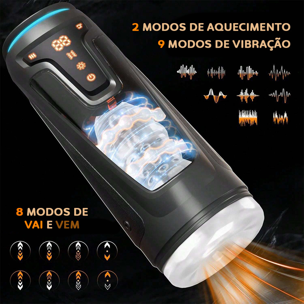 Masturbador disfar�ado em lanterna Joe Preto mostrando 8 movimentos de vai-e-vem, 9 modos de vibra��o e 2 modos de aquecimento em detalhes