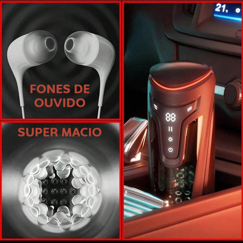 Montagem mostrando fones de ouvido compat�veis, a textura interna da c�mara em TPE e o masturbador camuflado no carro
