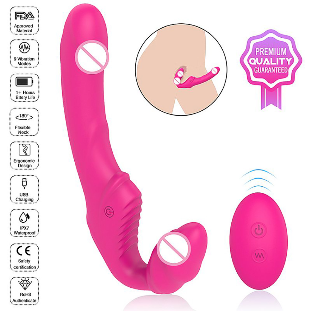 Cinta Peniana Nana Pink - Vista de detalhes, com �cones de qualidade e funcionalidades como 9 vibra��es e recarga USB