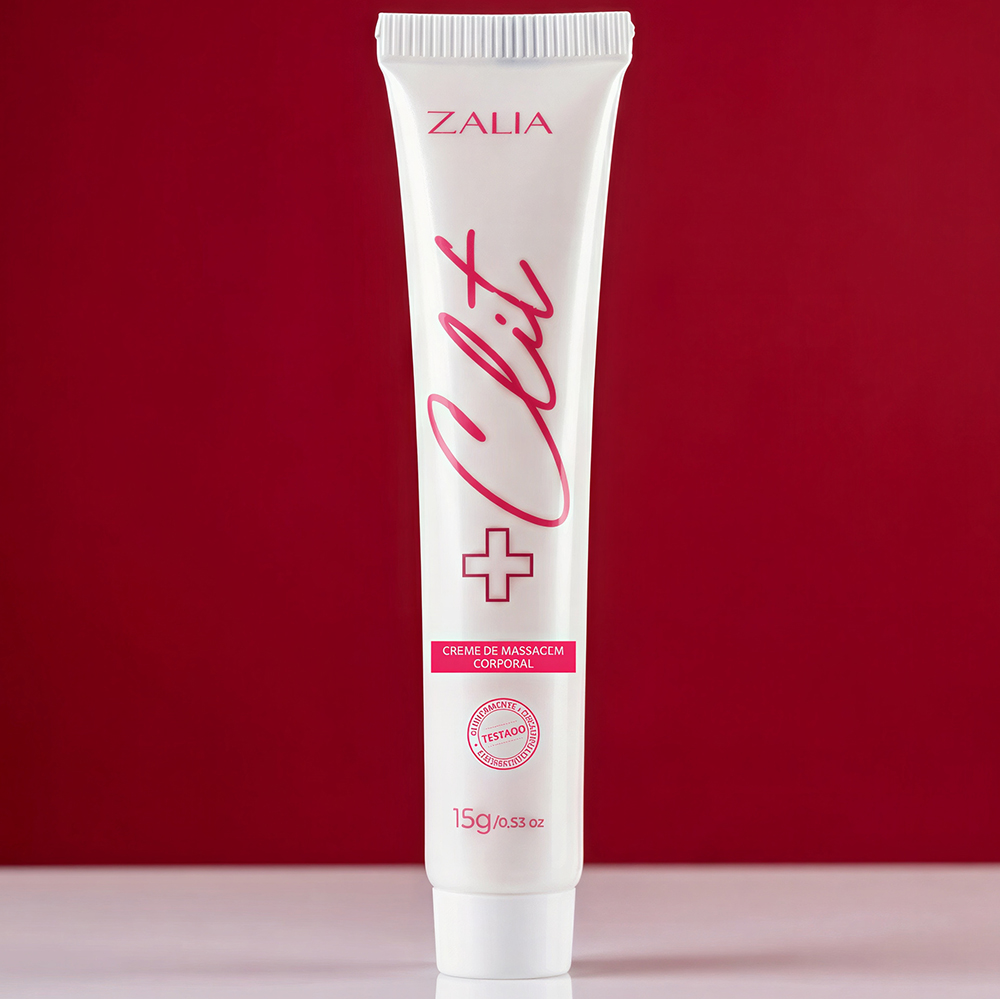 Gel Excitante Feminino Estimula, Intensifica e Aquece + Clit 15ml da Zalia Cosm�tico em embalagem branca sobre fundo vermelho