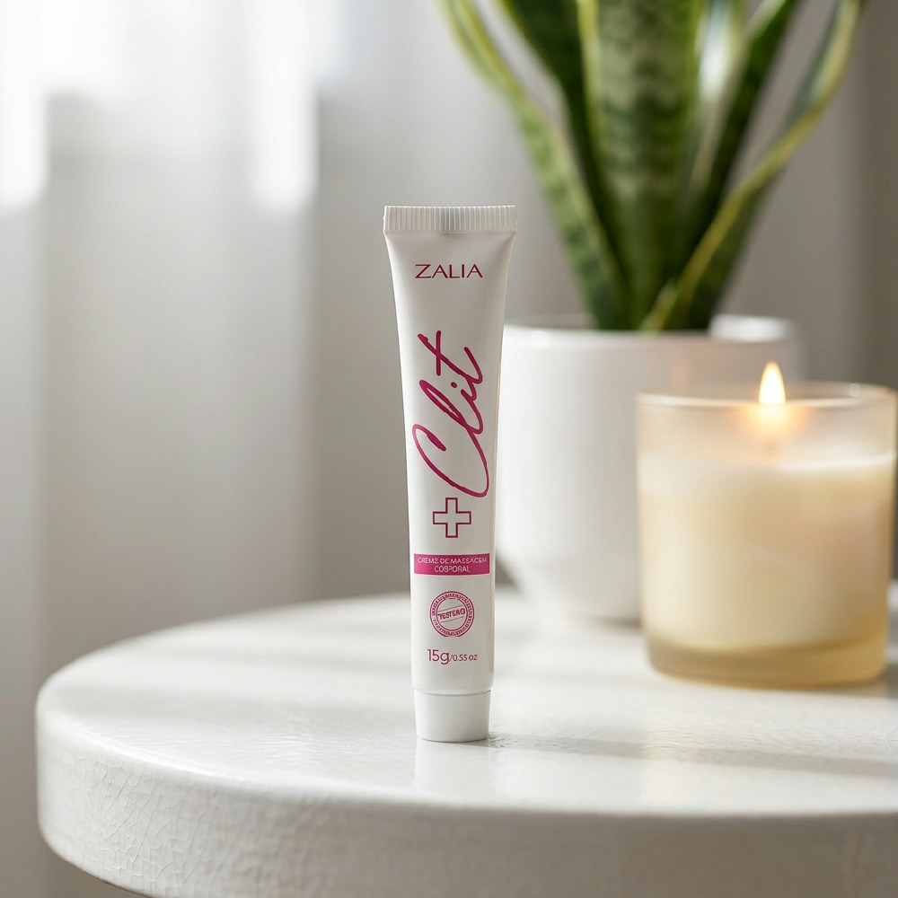 Gel Excitante Feminino Estimula, Intensifica e Aquece + Clit 15ml da Zalia Cosm�tico em embalagem branca, vista frontal em ambiente �ntimo com vela e planta