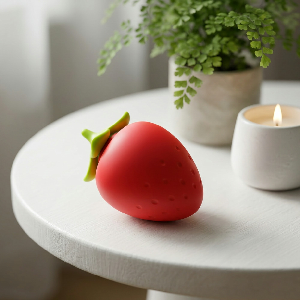 Vibrador de morango em silicone vermelho repousando sobre uma mesa de canto clara, com um vaso de planta verde atras e uma vela acesa