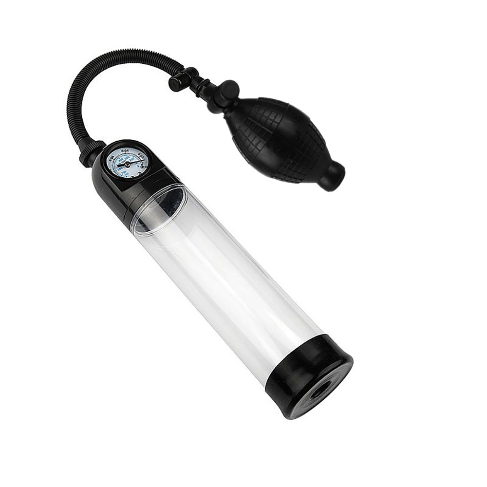 Bomba Peniana Manual Powerup Transparente em vista lateral angulada, destacando o corpo do cilindro e pera de suc��o