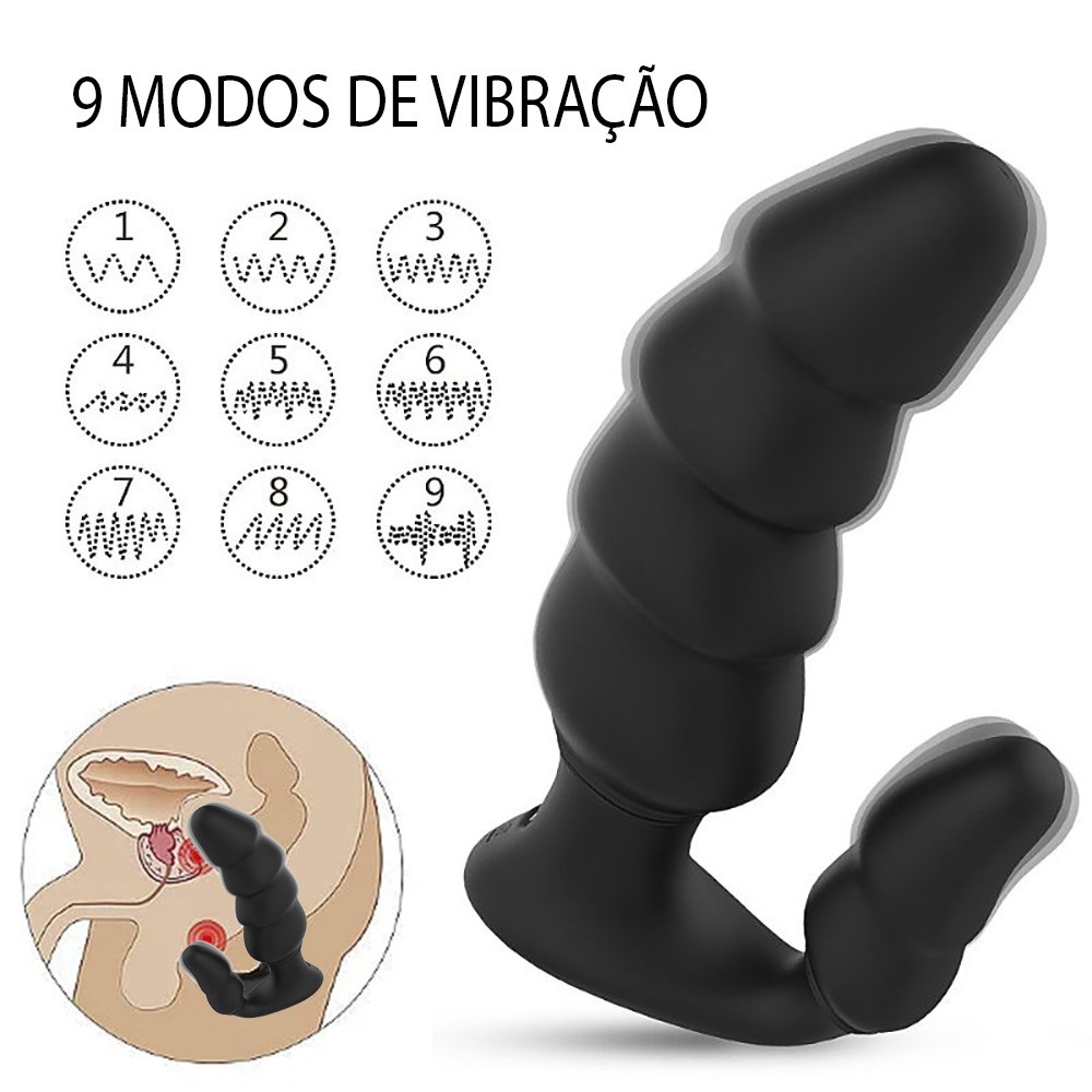 Massageador de Pr�stata e Per�neo Dragon Preto em vista frontal, destacando o bot�o de controle