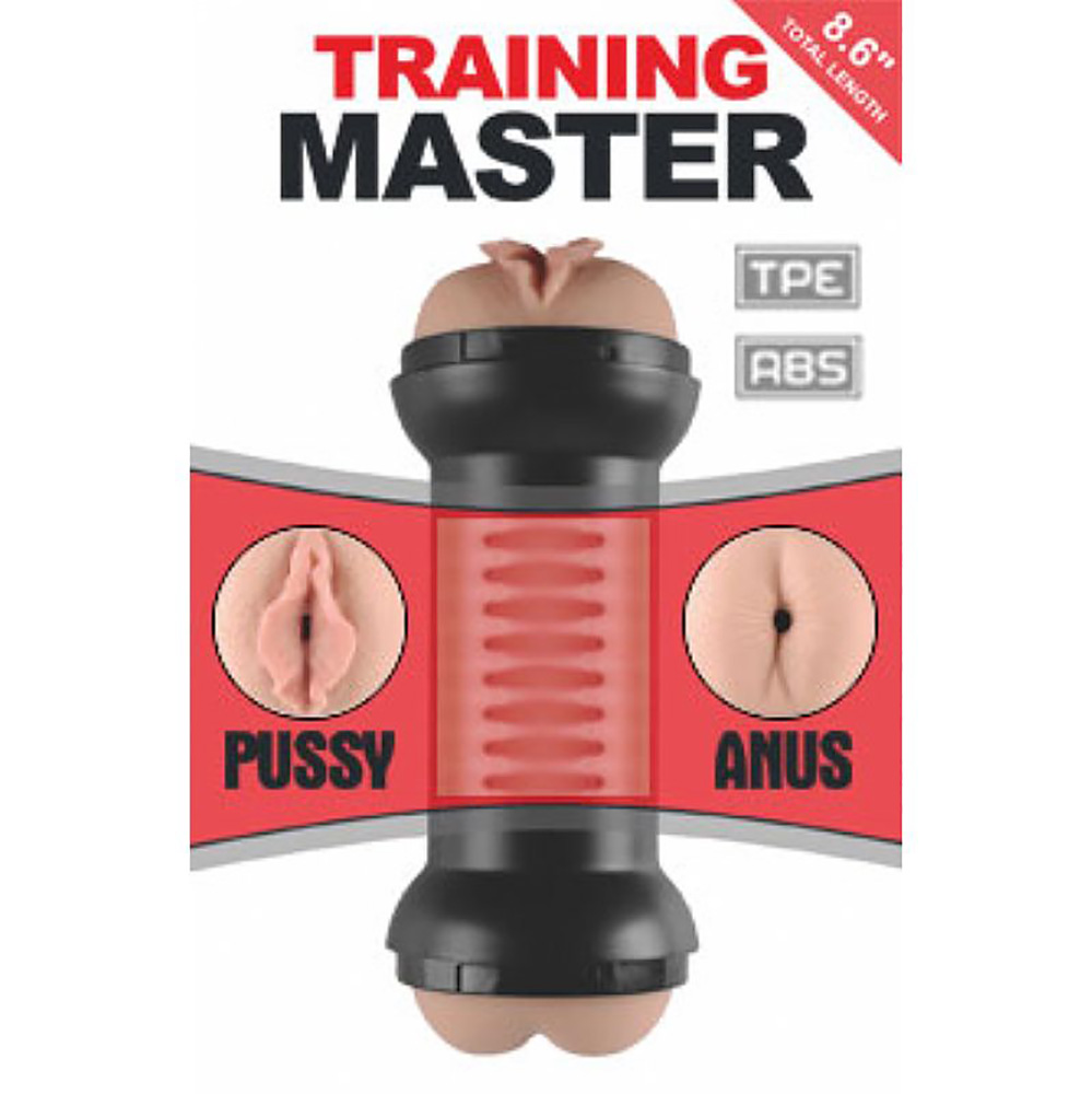 Masturbador Lanterna Cyberskin Training Master Bege com suas duas entradas expostas, mostrando a textura realista da Cyberskin e o contraste com o corpo preto do produto.