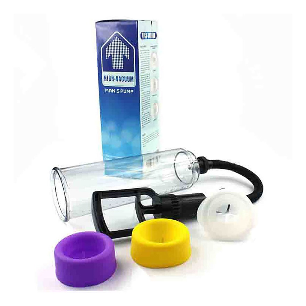 Bomba Peniana Manual com Alta Press�o e Bocal em Silicone Transparente - Componentes da embalagem mostrando cilindro, mangueira e bocais coloridos