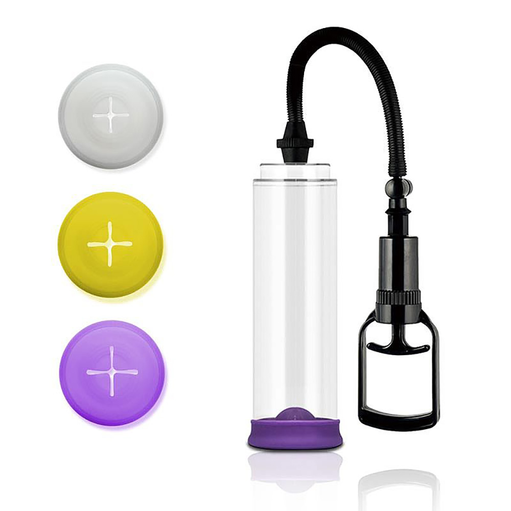 Bomba Peniana Manual com Alta Press�o e Bocal em Silicone Transparente - Vis�o frontal da bomba com bocais coloridos em destaque