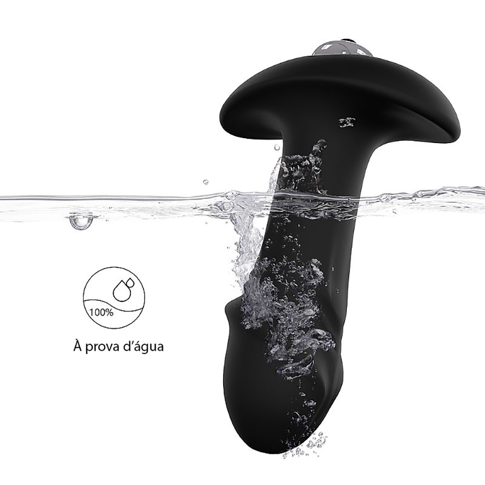 Plug anal vibrat�rio StarArrow preto em silicone extra macio em �gua, indicando caracter�stica lav�vel ou resistente a respingos