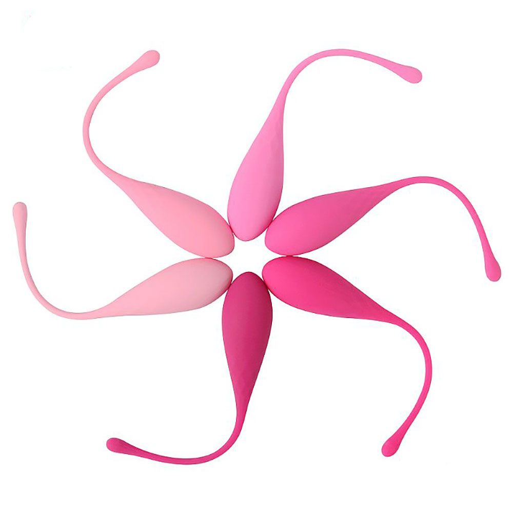 Seis bolas de pompoarismo Kegel Ball Deluxe Pink organizadas em formato de flor, mostrando varia��o de cores e tamanhos