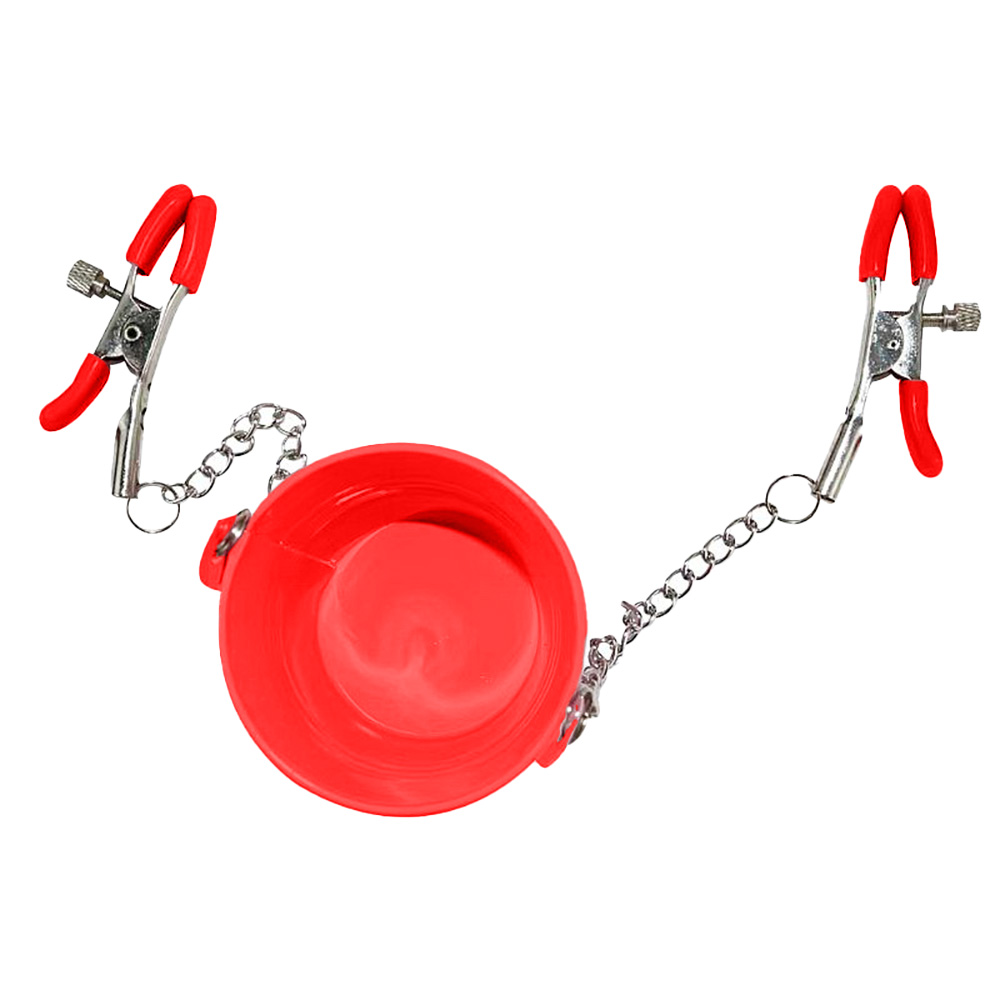 Prendedor de Mamilo com Balde Vermelho em metal visto de cima, mostrando o interior do balde e as correntes conectadas