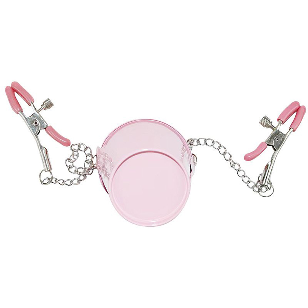 Duas presilhas de mamilo rosa com balde em metal e correntes, destacando a presilha ajust�vel com parafuso lateral