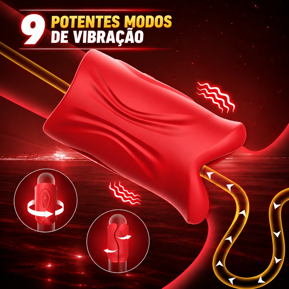 Masturbador masculino recarreg�vel vermelho, ilustra��o dos 9 potentes modos de vibra��o e do t�nel interno em silicone com textura