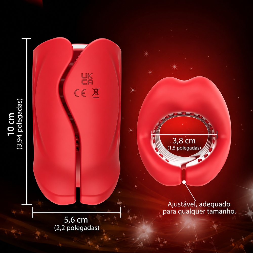 Masturbador masculino recarreg�vel em silicone vermelho, dimens�es de 10 cm de altura por 5,6 cm de largura, com abertura ajust�vel de 3,8 cm