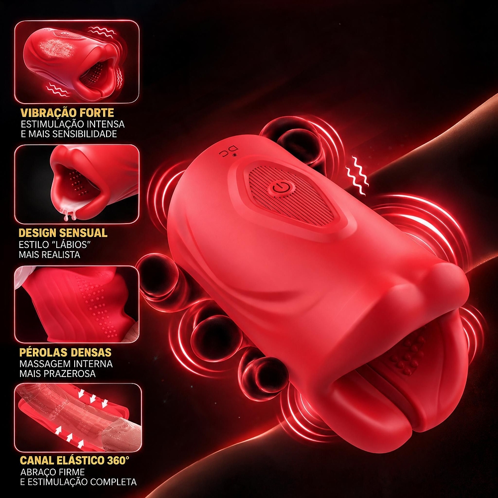 Masturbador masculino recarreg�vel em silicone vermelho, detalhe da embalagem com selo de qualidade CE e UKCA