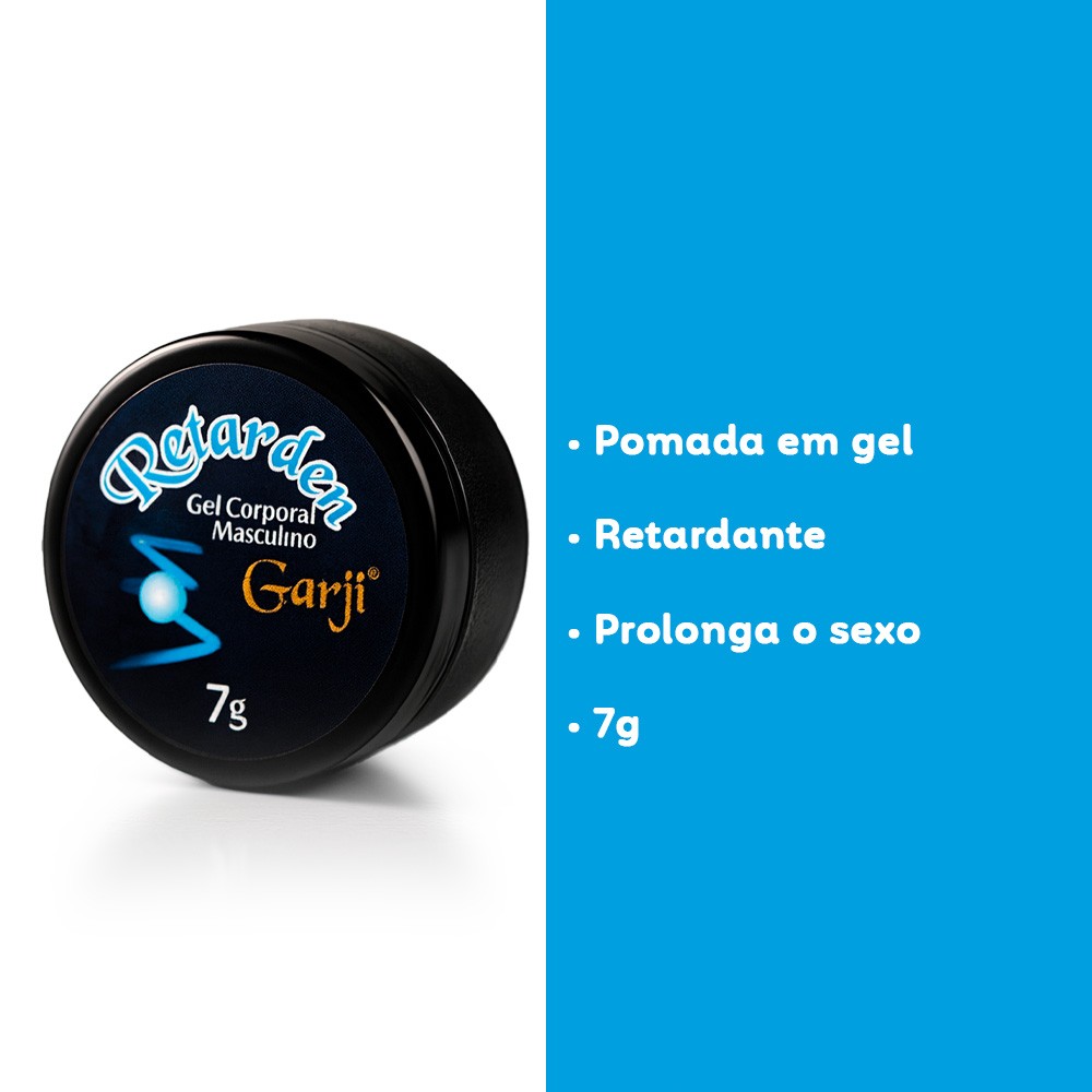 Gel Retardante Retarden 7g em embalagem discreta, com informa��es de 'Pomada em gel', 'Retardante', 'Prolonga o sexo' e '7g'