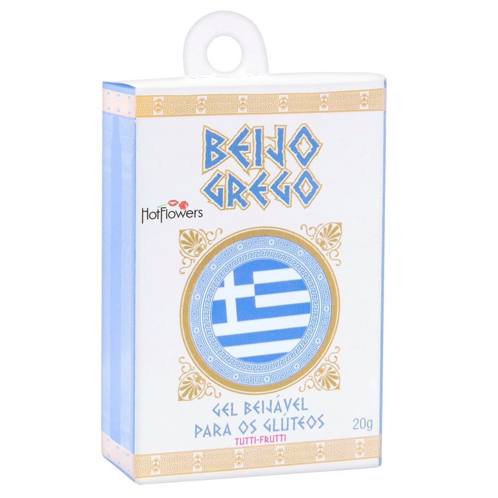 Caixa do Gel Beijo Grego Beij�vel Tutti-Frutti 20g, mostrando design com bandeira da Gr�cia e informa��es do produto.