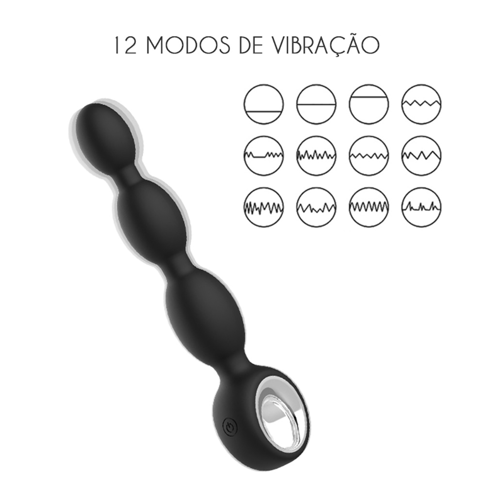 Bolinha Anal em Silicone Recarreg�vel 12 Vibra��es Milly Preta mostrando os 12 modos de vibra��o