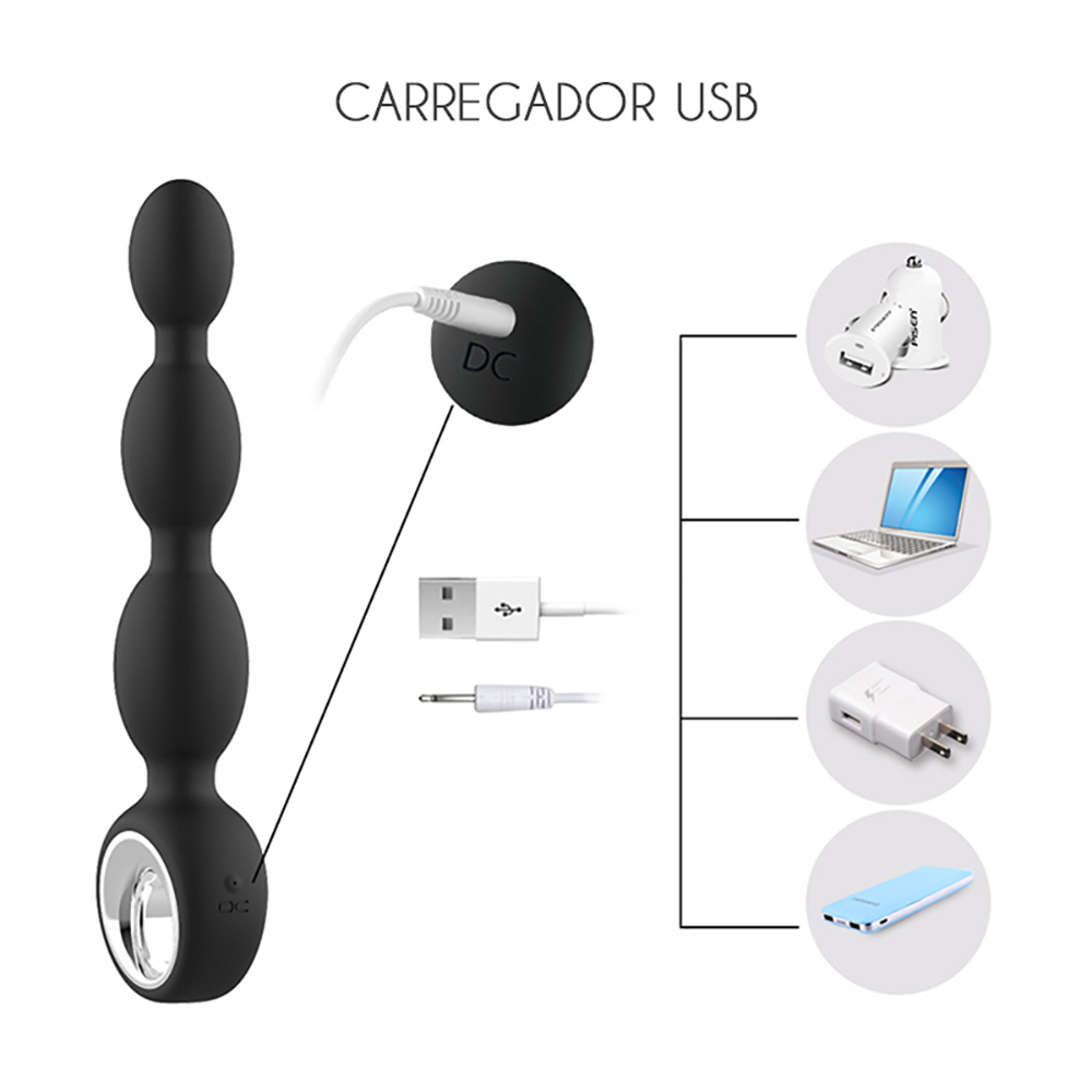 Bolinha Anal em Silicone Recarreg�vel 12 Vibra��es Milly Preta com detalhes de sua tecnologia, como ser recarreg�vel e ter silicone de grau m�dico
