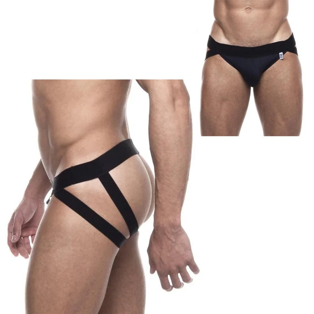 Cueca Sensual Jock com Faixa Dupla em El�stico e Abertura Atr�s Preta, vista lateral em modelo, mostrando as faixas duplas na parte de tr�s e a abertura