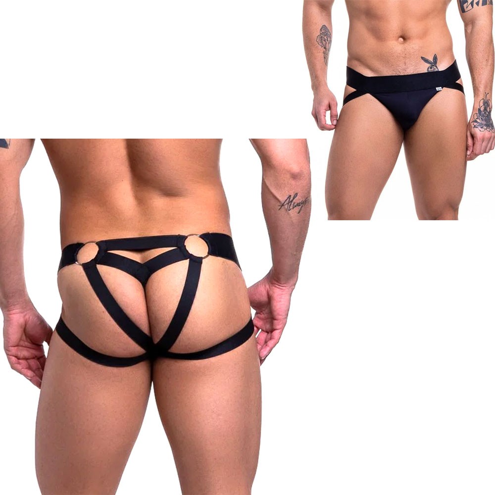 Cueca Sensual Jock preta com quatro faixas em el�stico e argola preta, vista lateral-traseira, real�ando o bumbum exposto
