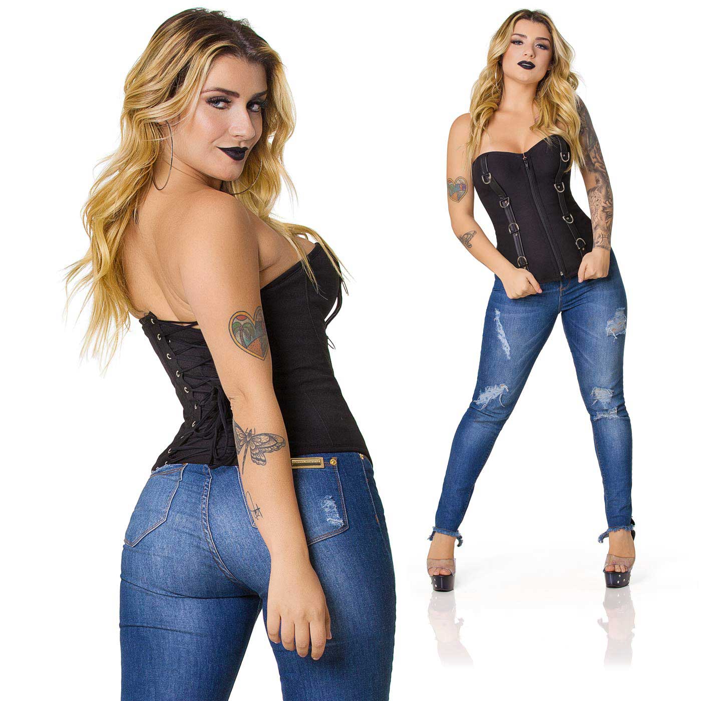 Conjunto de imagens do Corpete com Fivela Vertical Preto, close em detalhes das fivelas e da amarra��o