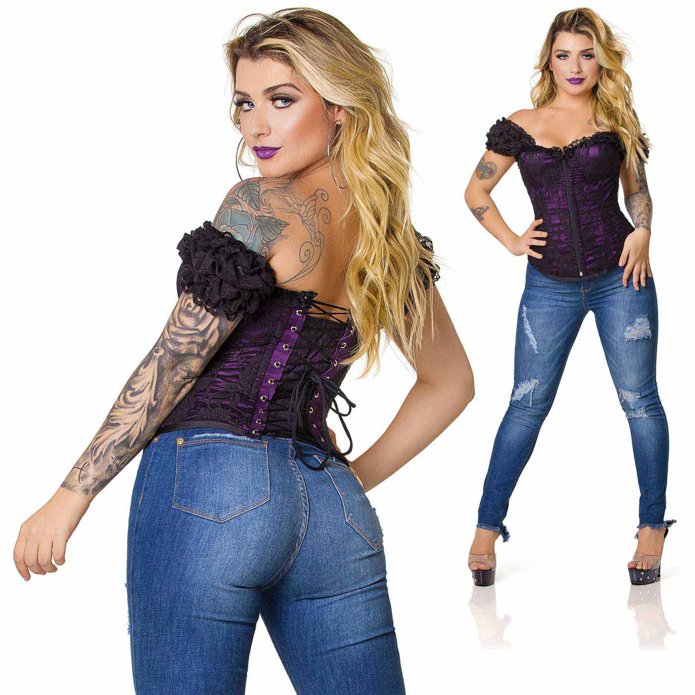 Corpete com Al�a Roxo | Close-up da amarra��o e detalhes do tecido