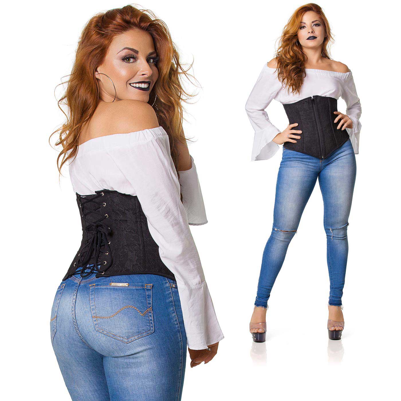 Corselet Simples Renda Preta Preto em close da amarra��o de cadar�o e foto completa de frente