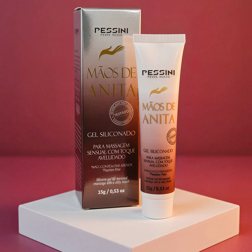 Gel Silicone para Masturba��o M�os de Anita 15g em bisnaga e caixa, sobre base branca com fundo avermelhado