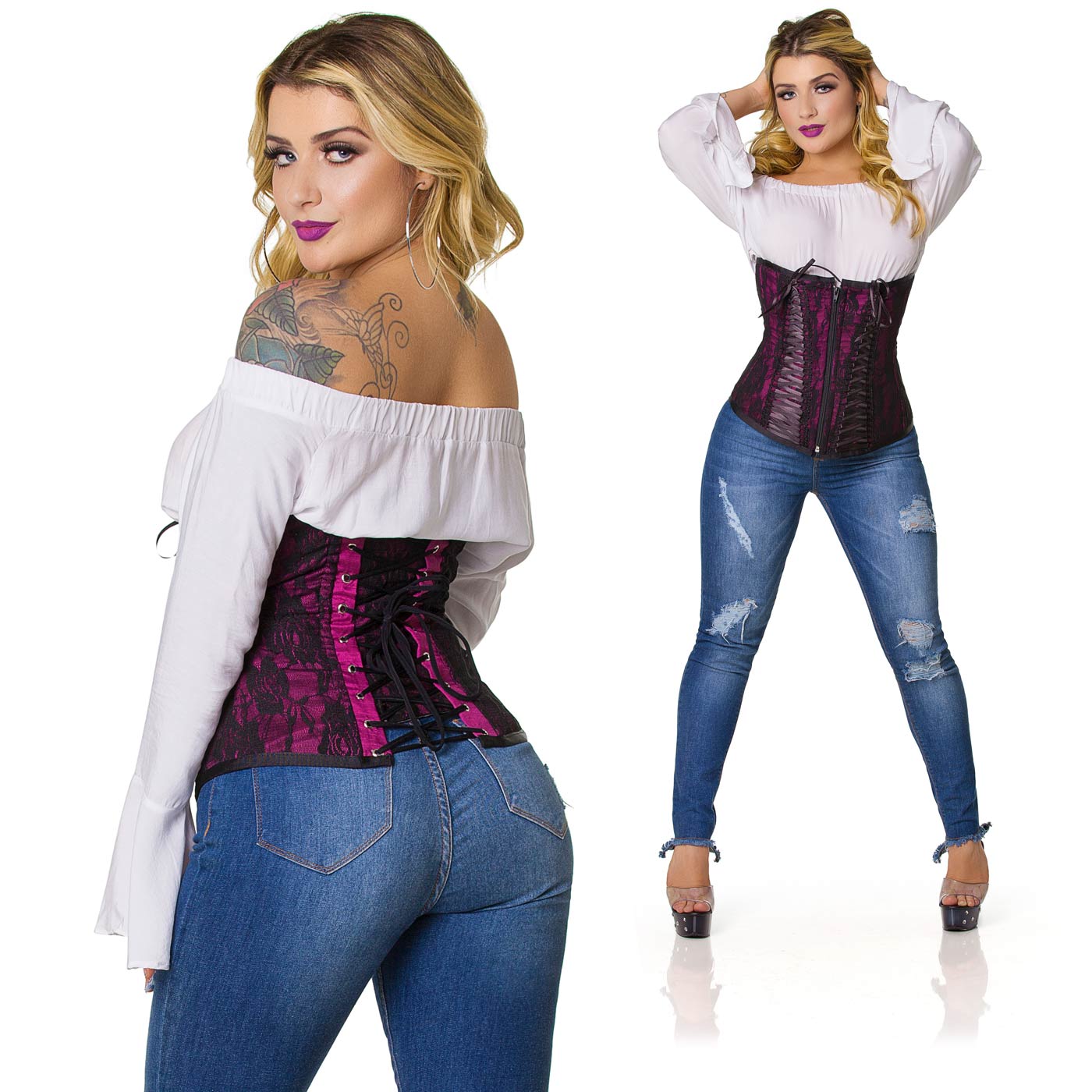 Corselet com Fita Preta Tran�ada Vinho em modelo, close em �ngulos diferentes, mostrando acabamento e detalhes