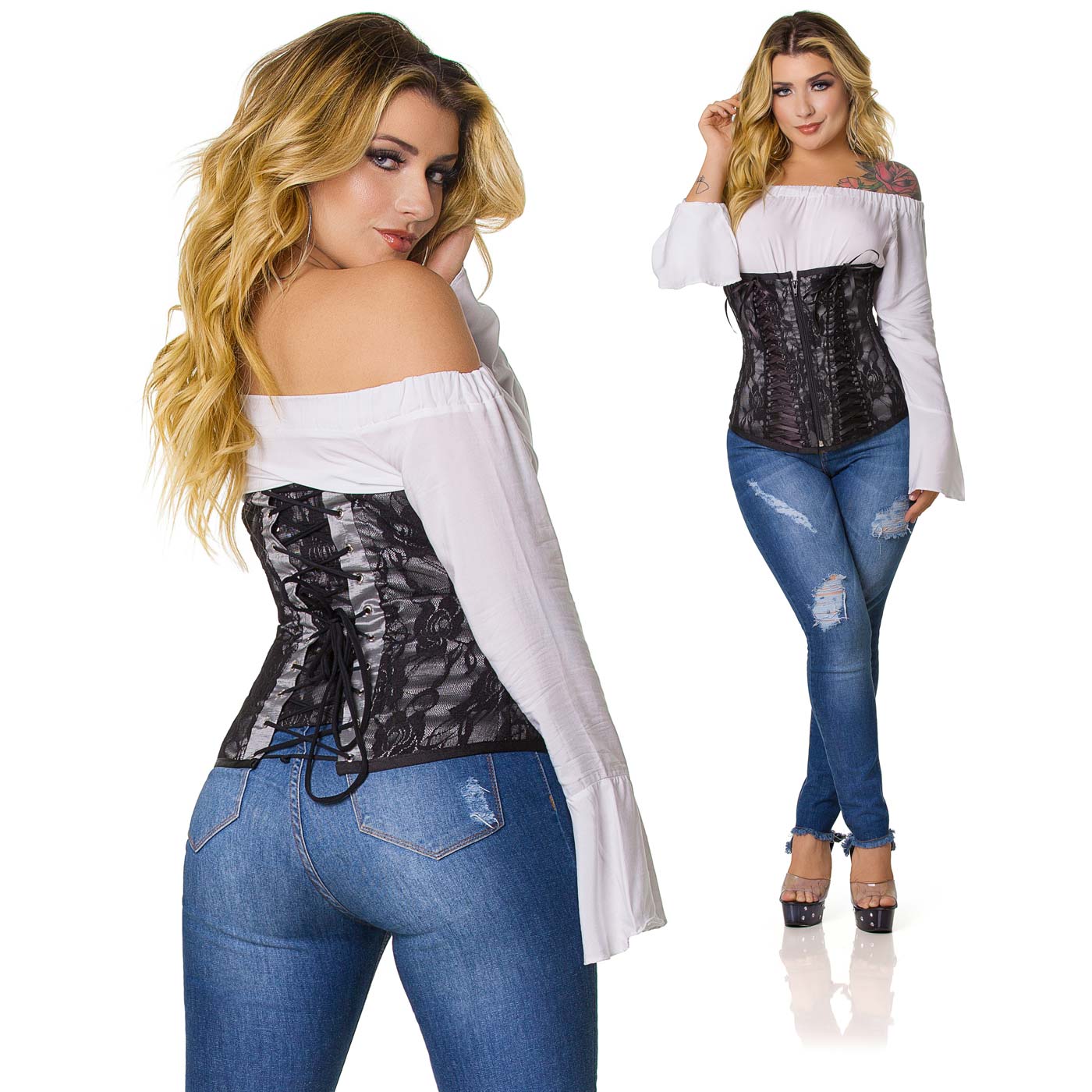 Corselet com Fita Preta Tran�ada Prata em modelo, vista com as costas voltada