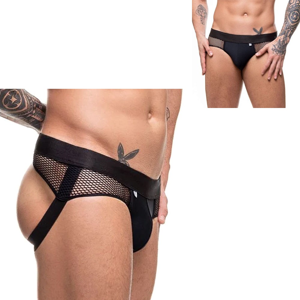 Cueca Jock Preta com Arrast�o e Abertura Atr�s, vista lateral exibindo o design jockstrap