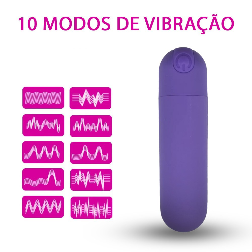 Vibrador Bullet Recarreg�vel Roxo com ilustra��es dos 10 modos de vibra��o do produto ao lado, detalhando a versatilidade de sensa��es.