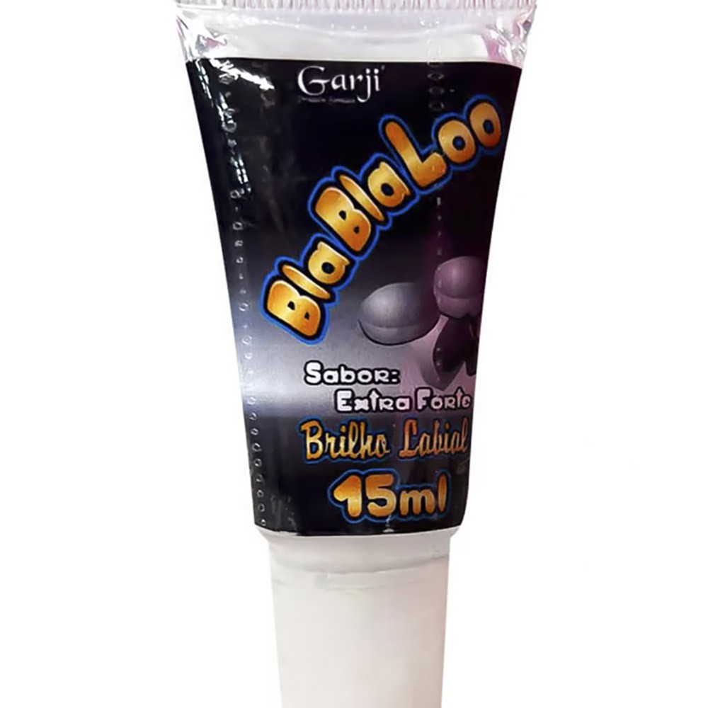 Bisnaga do Gel do Beijo Brilho Labial Comest�vel BlaBlaLoo ExtraForte, vista frontal e detalhes da marca