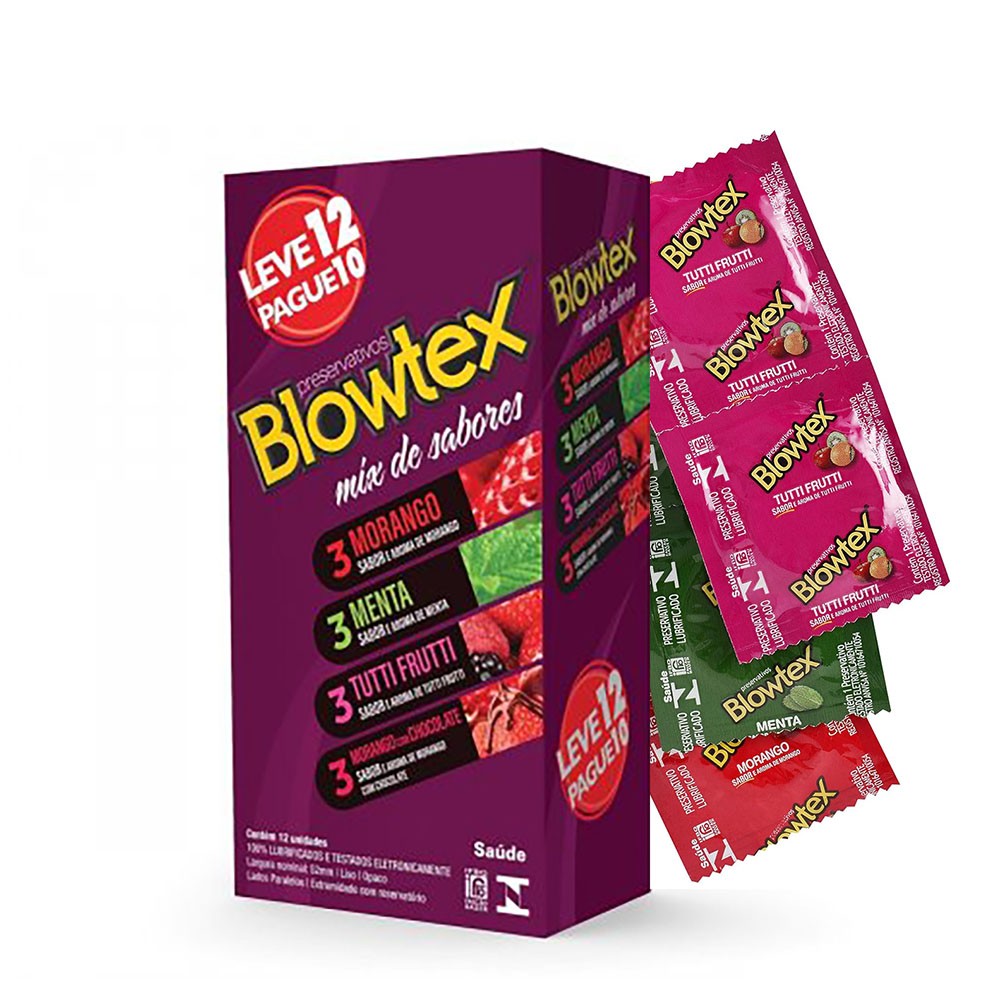 Preservativo Blowtex Mix de Sabores 12 Unidades e 6 preservativos abertos ao lado, cada um de um sabor diferente: Morango, Menta, Tutti-Frutti e Morango com Chocolate
