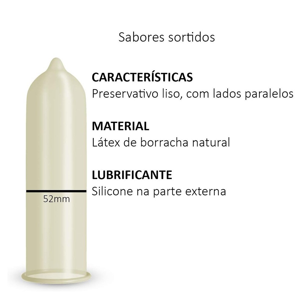 Diagrama de um preservativo Blowtex, mostrando 52mm de largura nominal, material de l�tex de borracha natural, caracter�sticas lisas com lados paralelos e lubrificante de silicone.