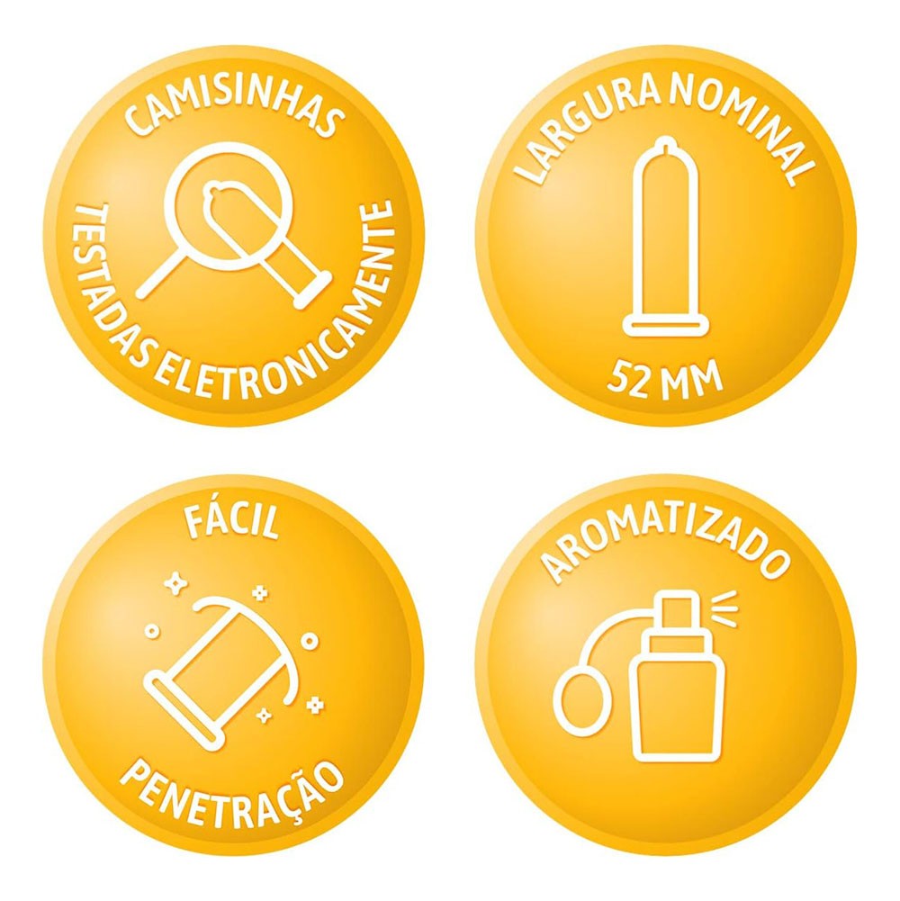 Preservativo Blowtex Mix de Sabores 12 Unidades e detalhes do preservativo aberto em forma de diagrama, mostrando material de l�tex de borracha natural, 52mm de largura nominal e lubrificante de silicone na parte externa.