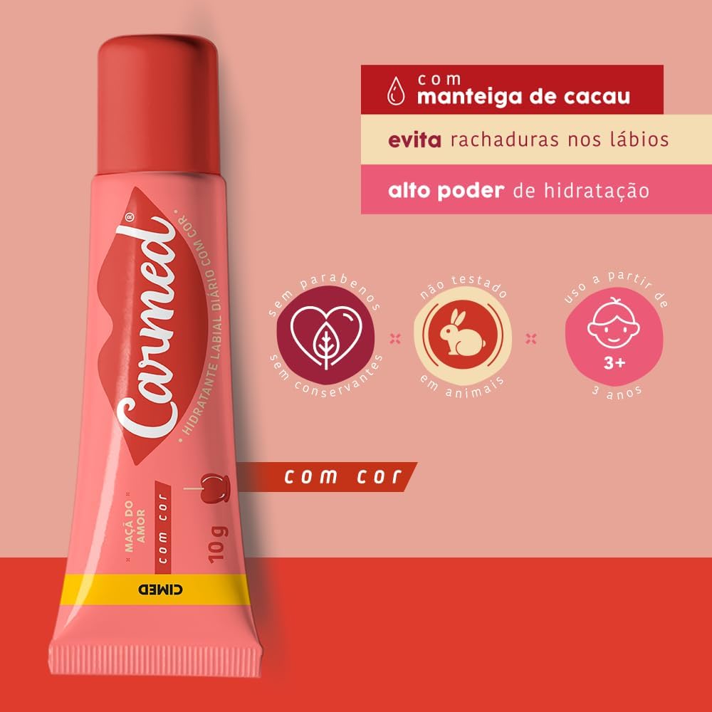 Vista superior do tubo do Carmed Ma�� do Amor com Cor e Efeito Gloss 10g, evidenciando a tampa e o bico aplicador