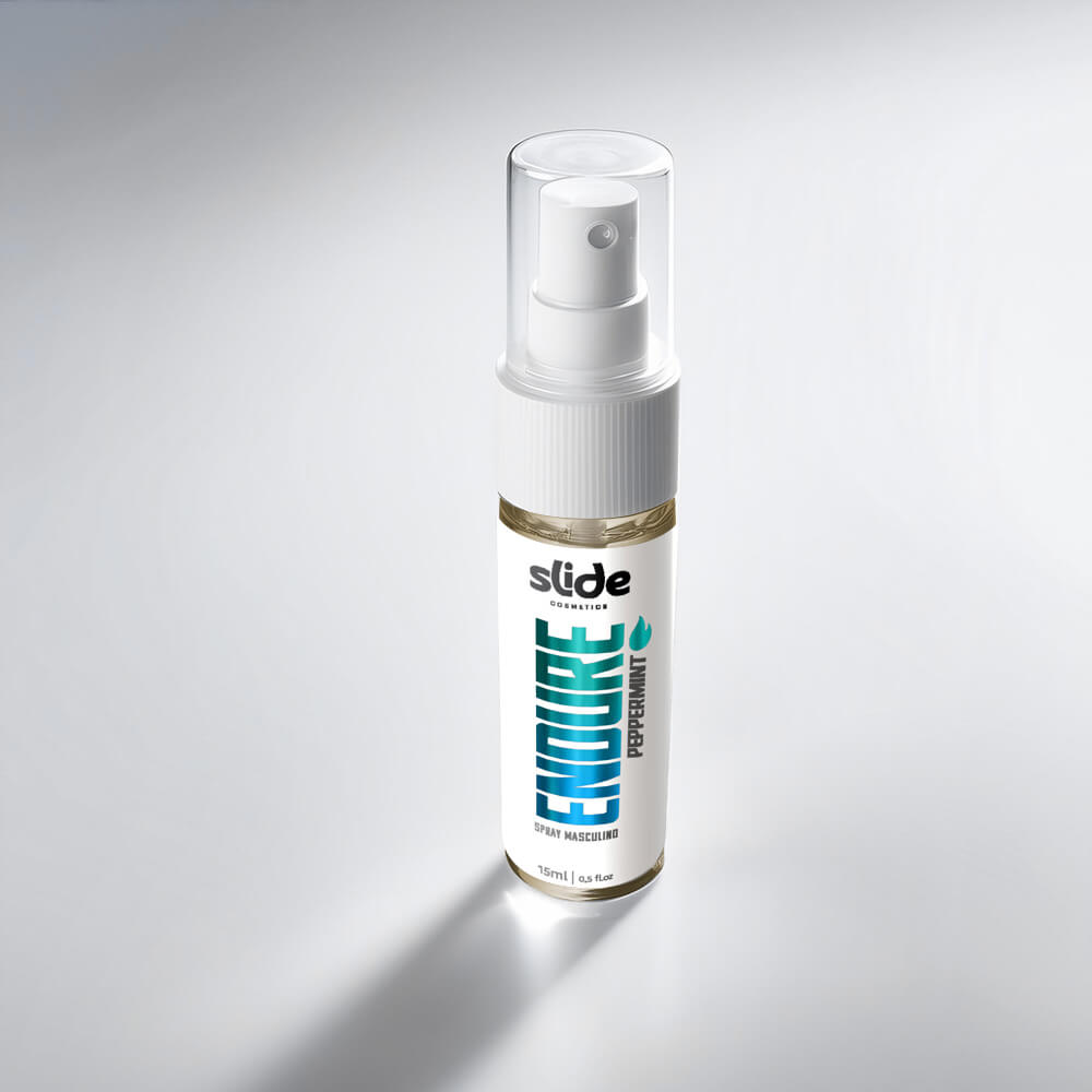 Spray Retardante Intensificador de Ere��o EnDURE Peppermint 15ml - vista a�rea do frasco mostrando o spray e a tampa transparente, com detalhes da embalagem